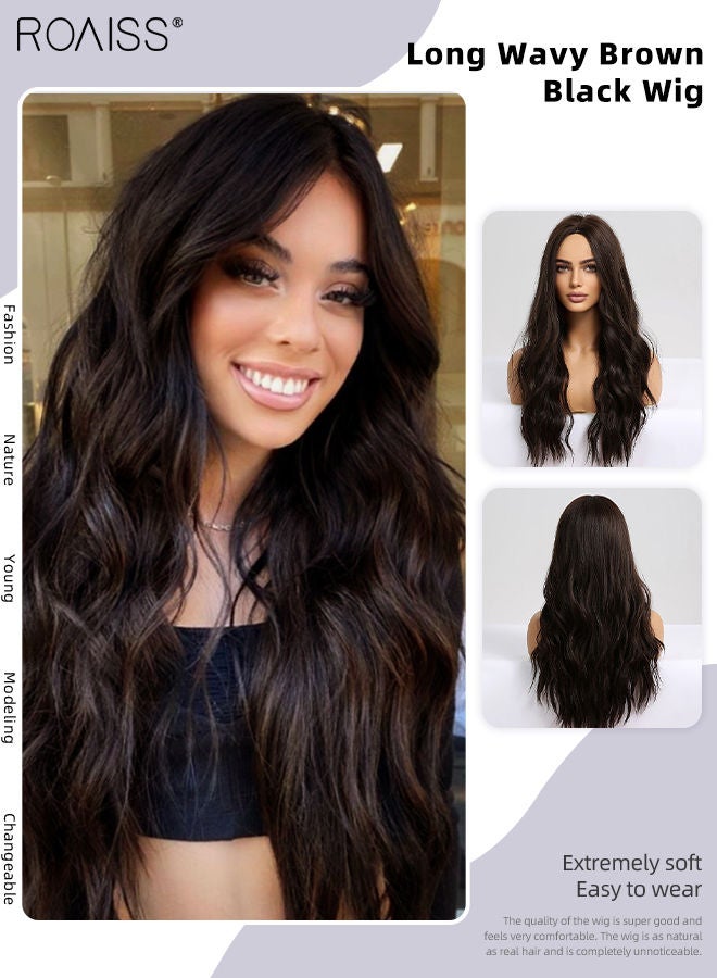 رويس شعر مستعار طويل مموج أسود بني، باروكة شعر مستعار صناعي طبيعي ناعم ومقاوم للحرارة بفراق متوسط للنساء لحفلات الزفاف وحفلات التنكرية والارتداء اليومي، 60 سم (24 بوصة) - Image 1