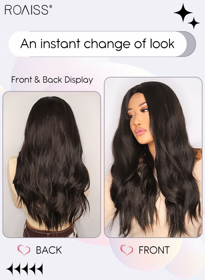 رويس شعر مستعار طويل مموج أسود بني، باروكة شعر مستعار صناعي طبيعي ناعم ومقاوم للحرارة بفراق متوسط للنساء لحفلات الزفاف وحفلات التنكرية والارتداء اليومي، 60 سم (24 بوصة) - Image 2