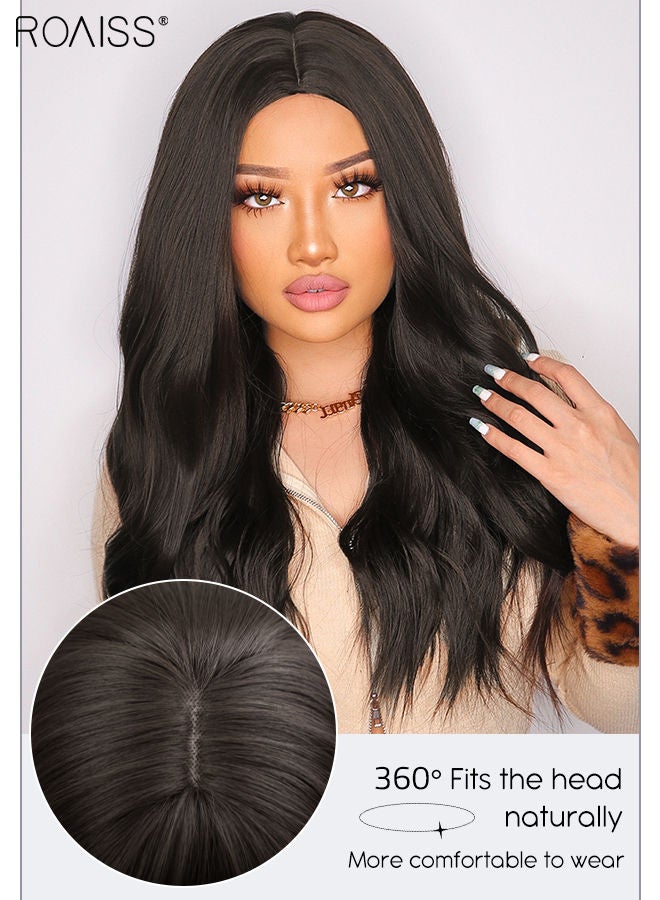 رويس شعر مستعار طويل مموج أسود بني، باروكة شعر مستعار صناعي طبيعي ناعم ومقاوم للحرارة بفراق متوسط للنساء لحفلات الزفاف وحفلات التنكرية والارتداء اليومي، 60 سم (24 بوصة) - Image 5
