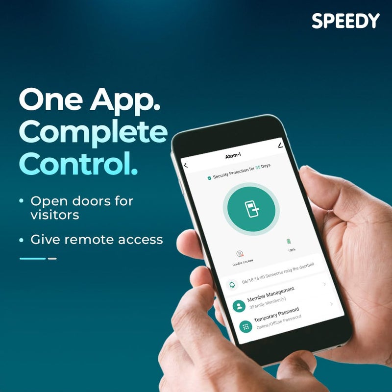 Speedy قفل باب ذكي Atom-i Wi-Fi للباب الرئيسي مع كاميرا مدمجة | تطبيق، بصمة، رقم سري، بطاقة RFID ومفتاح طوارئ | تركيب مجاني | يجب أن تكون سماكة الباب بين: 35-80 مم - Image 4