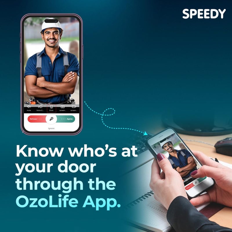 Speedy قفل باب ذكي Atom-i Wi-Fi للباب الرئيسي مع كاميرا مدمجة | تطبيق، بصمة، رقم سري، بطاقة RFID ومفتاح طوارئ | تركيب مجاني | يجب أن تكون سماكة الباب بين: 35-80 مم - Image 3