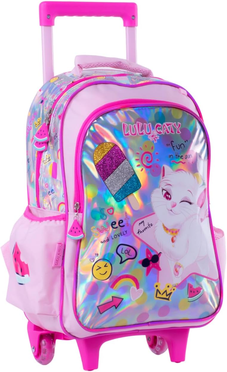 LULU CATY School Trolley Bag For Girls With Pencil Case, 16-Inch Size, Pink - Image 2