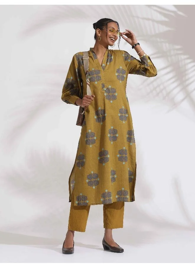 ترو برونز trueBrowns Green Cotton Print Straight Kurta Set