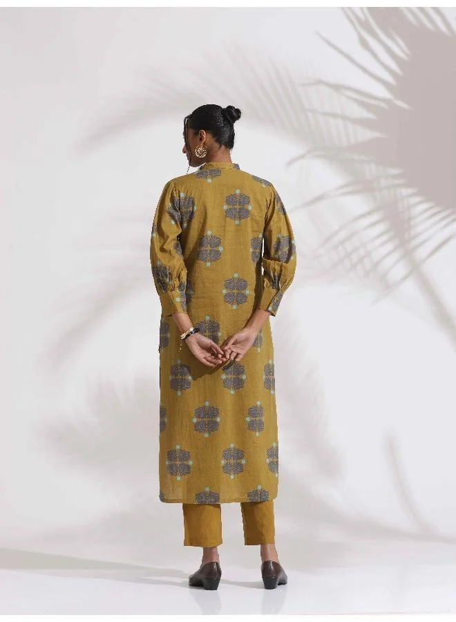 ترو برونز trueBrowns Green Cotton Print Straight Kurta Set