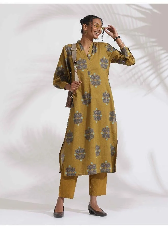 ترو برونز trueBrowns Green Cotton Print Straight Kurta Set