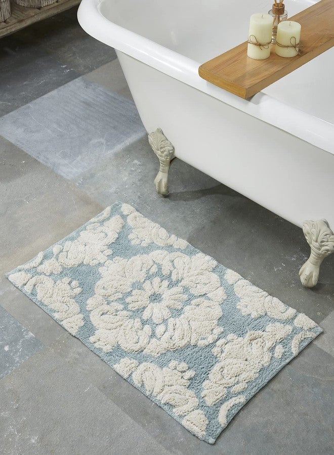 Better Trends Medallion Collection is a Tufted Bath Mat Rug 100% Cotton in Vibrant Colors, 17" x 24", Blue & Natural - Image 1