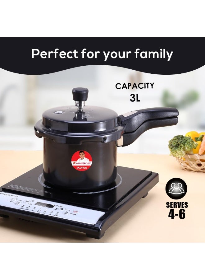 Wonderchef Taurus Hard Anodized Outer Lid Pressure cooker, 3 liter, Cool Touch Handles for Durability, Induction Friendly, Black, 5 year warranty, ISI Certified - Image 3