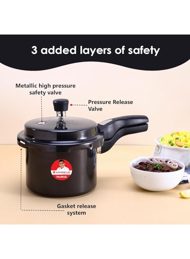 Wonderchef Taurus Hard Anodized Outer Lid Pressure cooker, 3 liter, Cool Touch Handles for Durability, Induction Friendly, Black, 5 year warranty, ISI Certified - Image 2