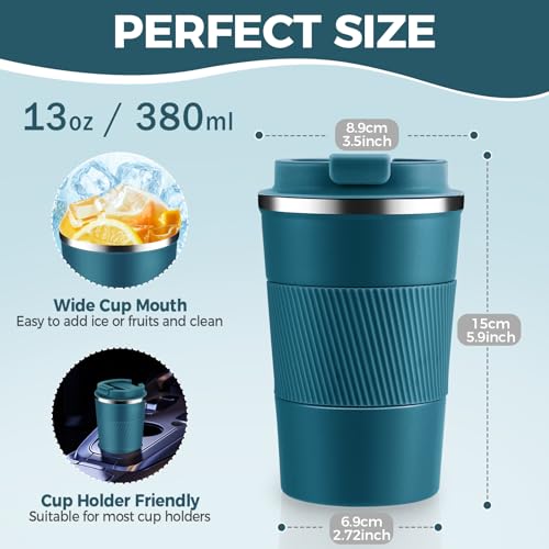 Volhoply 13 oz Stainless Steel Insulated Travel Coffee Mug with Fip LidReusable Double Wall Vacuum Metal Coffee CupPortable to Go Leak Proof Cafe Thermal Tumbler for Hot Cold DrinksBule1 - Image 3