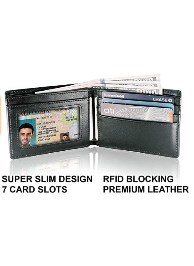 CONTACTS Contacts Men's Genuine Leather Wallet | RFID Blocking Wallet for Men | Bifold Wallet | 6 Card Slots, 1 ID Window (Black)  - Image 2