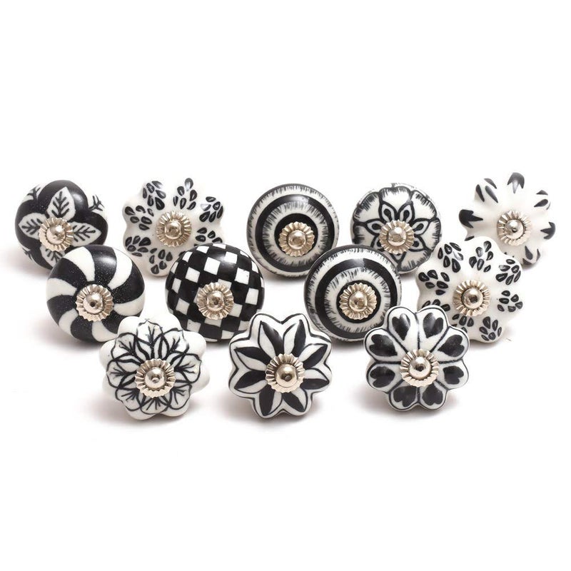 Eleet Designer Ceramic Cabinet Knobs  Pack of 12 Black  White Hand Painted Vintage Cabinet Cupboard Door  Drawer Pulls Chrome Hardware 12 Black White