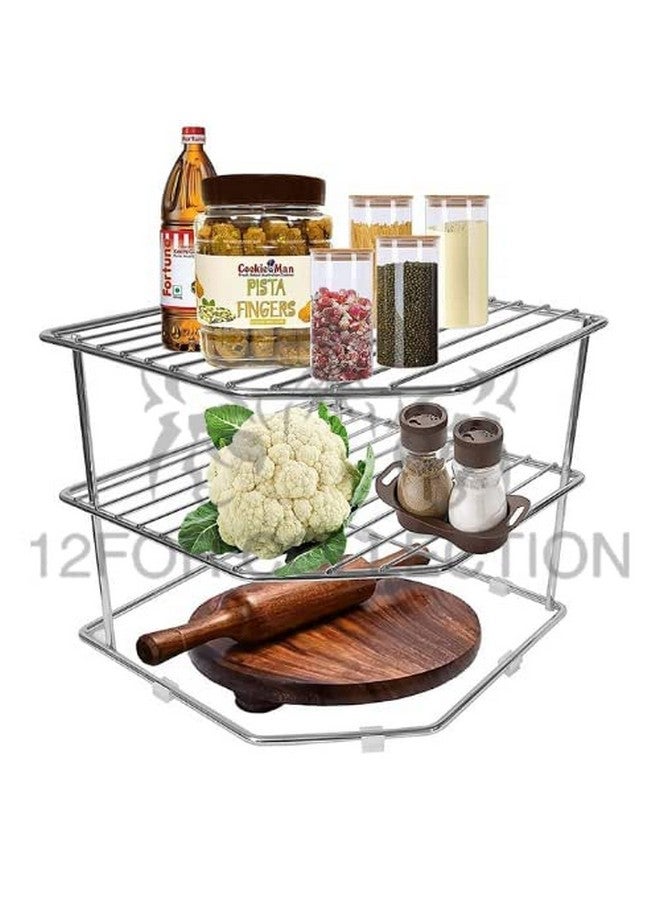 12FOR COLLECTION Stainless Steel 3-Tier Countertop Storage Rack For Corners, Multipurpose Stainless Steel Kitchen Plate Dish Corner Shelf Rack Stand Holder, Corner Shelf - Image 3