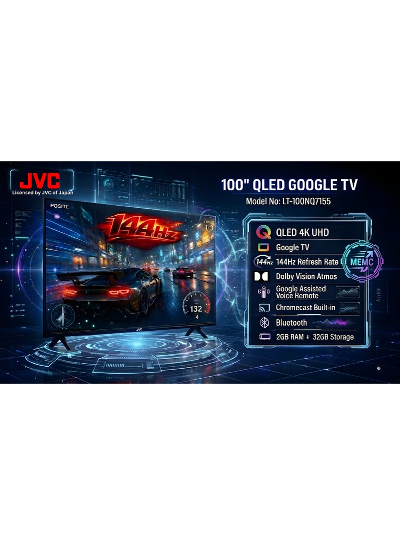 JVC 100 Inch QLED 4K UHD Google Smart TV | Edgeless Design | 144Hz Refresh Rate | Dolby Vision & Dolby Atmos | Google Assistance Voice Remote | Built-in Chromecast | Bluetooth - LT-100NQ7155 LT-100NQ7155 Black - Image 2