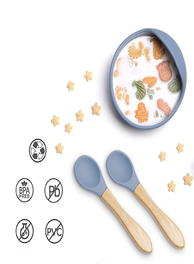 KRIVETY Baby Feeding Silicone Bowls with Wooden Spoon Curved Walls for First Stage Baby Self Training Feeding Strong Suction Large Bowl for Toddlers Babies Kids Prevent Food Dropping (Blue) - Image 3