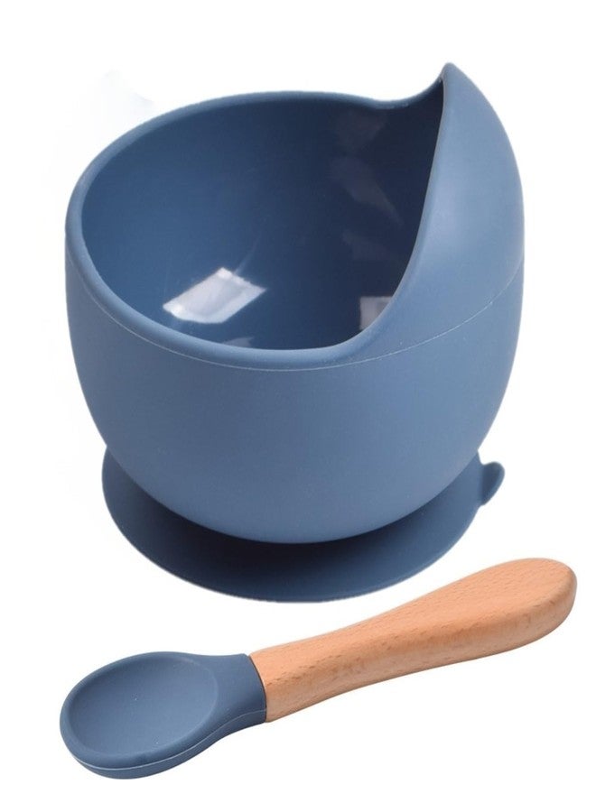 KRIVETY Baby Feeding Silicone Bowls with Wooden Spoon Curved Walls for First Stage Baby Self Training Feeding Strong Suction Large Bowl for Toddlers Babies Kids Prevent Food Dropping (Blue) - Image 1