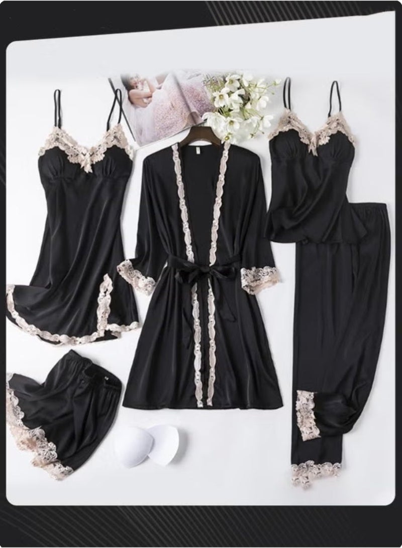 5-piece Spring Summer Autumn Winter Women's Pajamas Ice Silk Thin Nightgown Comfty Woven Belt Design Suspenders Black - Image 1