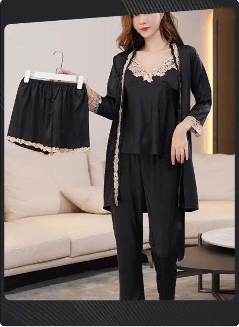 5-piece Spring Summer Autumn Winter Women's Pajamas Ice Silk Thin Nightgown Comfty Woven Belt Design Suspenders Black - Image 3