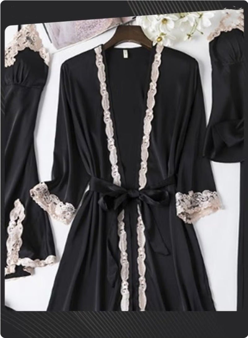 5-piece Spring Summer Autumn Winter Women's Pajamas Ice Silk Thin Nightgown Comfty Woven Belt Design Suspenders Black - Image 4