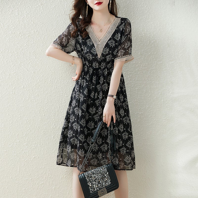Real shot hollow V-neck chiffon dress womens clothing 2025 summer new loose age-reducing waist slimming skirt Black 