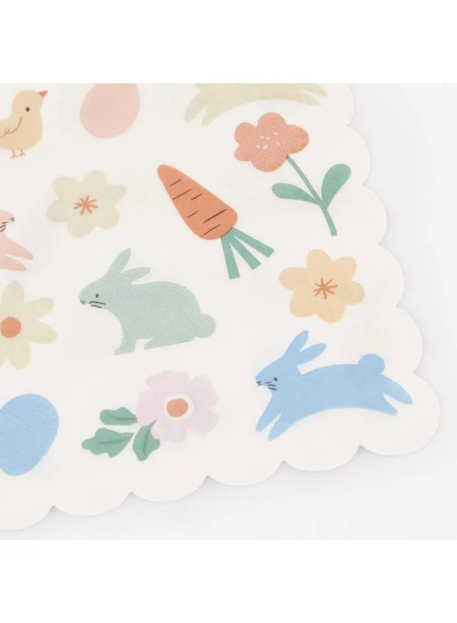 Meri Meri  Easter Icons Large Napkins - Pack of 16, 3-Ply Paper Napkins with Scalloped Edges Featuring Bunnies, Chicks, Carrots and Flowers in Soft Spring Colors for Easter Parties & Celebrations  | Best Price UAE