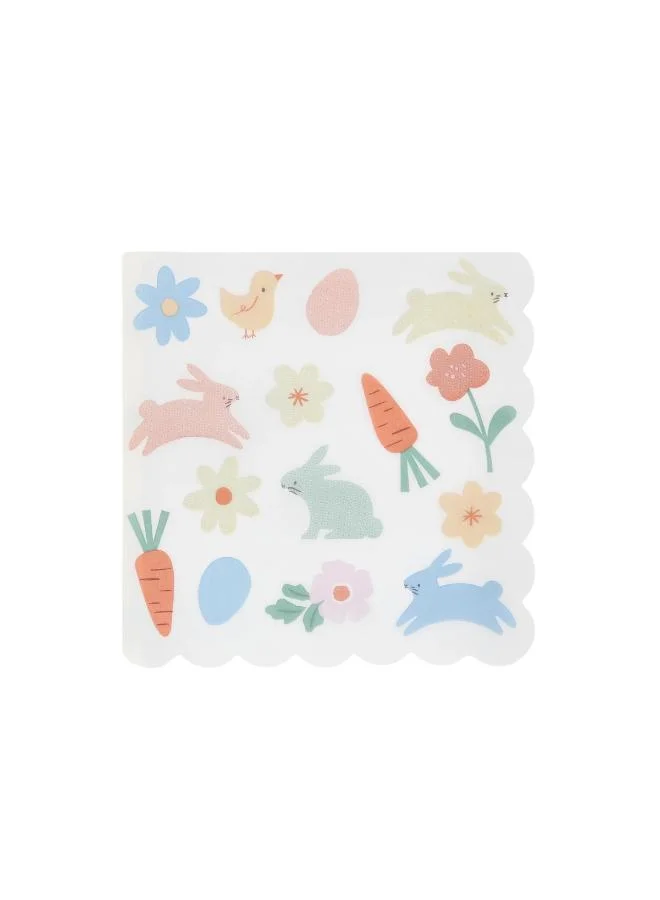 Easter Icons Large Napkins - Pack of 16, 3-Ply Paper Napkins with Scalloped Edges Featuring Bunnies, Chicks, Carrots and Flowers in Soft Spring Colors for Easter Parties & Celebrations