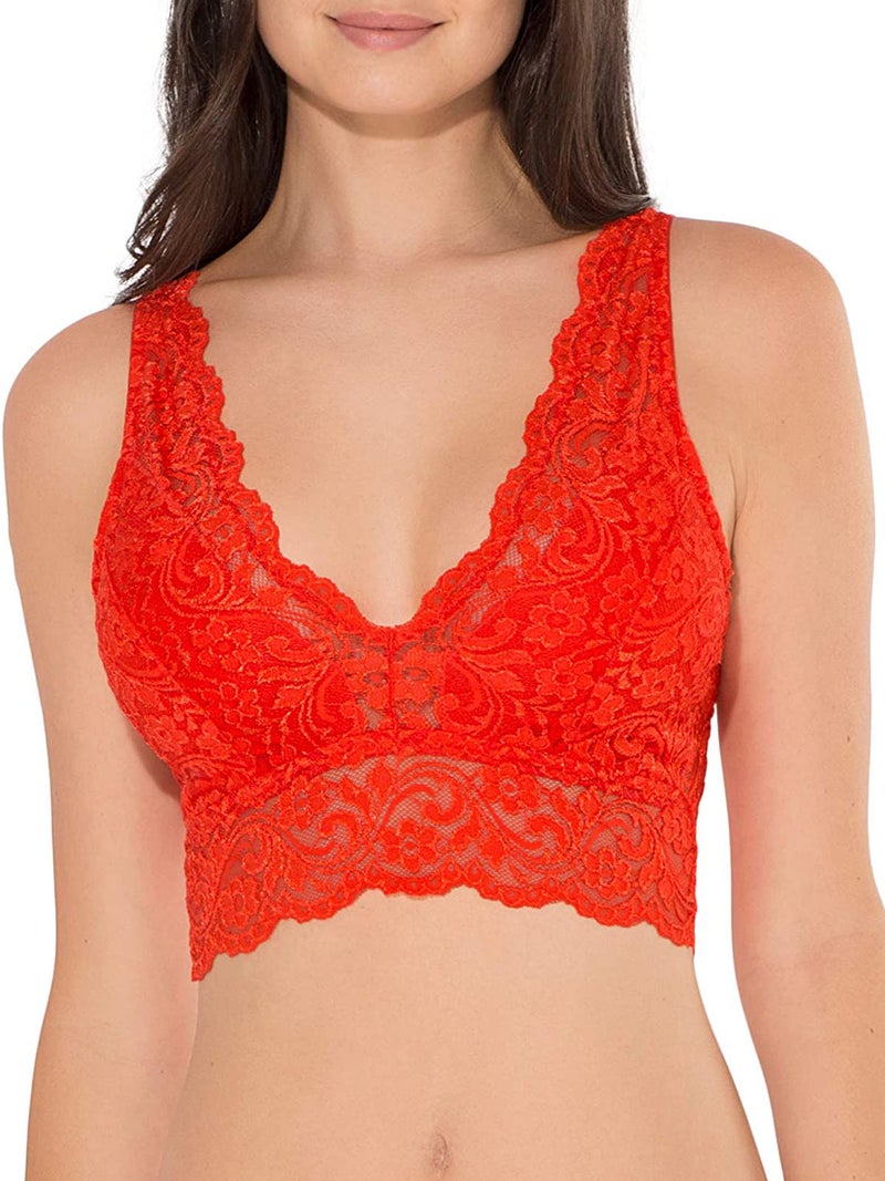 Wirefree Soft Bra - Red Small Full-coverage Soft Cups No Underwire - Deep V-neck V-back Scalloped Lace Brims Wide Non-rolling Below-bust Brim for Sleep Yoga Daily Wear - Image 5