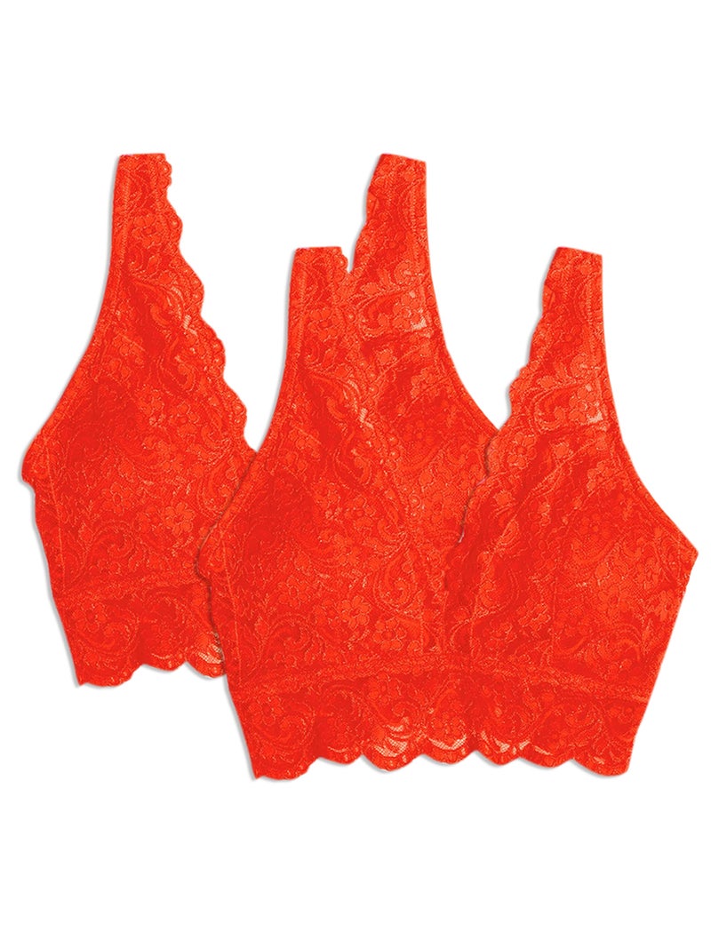 Wirefree Soft Bra - Red Small Full-coverage Soft Cups No Underwire - Deep V-neck V-back Scalloped Lace Brims Wide Non-rolling Below-bust Brim for Sleep Yoga Daily Wear - Image 1
