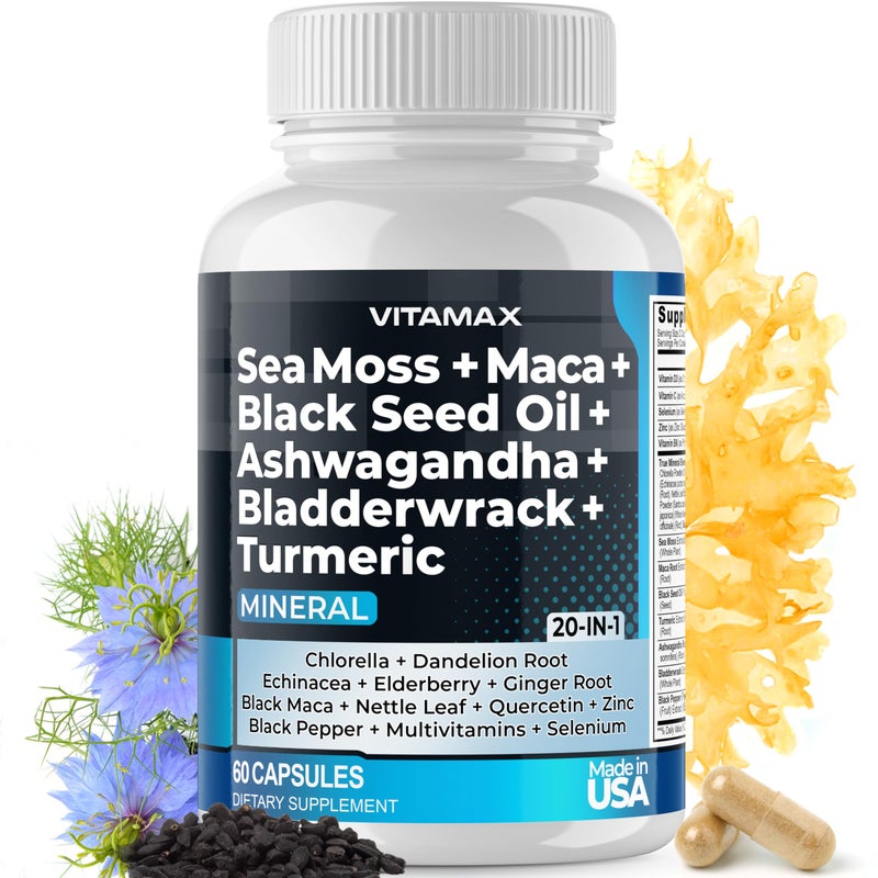 Sea Moss Maca Black Seed Oil Ashwagandha Bladderwrack Turmeric Manuka Honey Elderberry Vitamin C D3 Dandelion Black Pepper NonGMO Vegan Made in USA 60ct