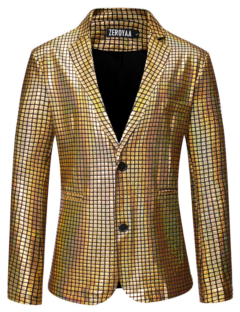 ZEROYAA Men's 70s Disco Suits Metallic Shiny Sequin Outfits Blazer and Pants Set Dance Party Costume Gold Large - Image 2