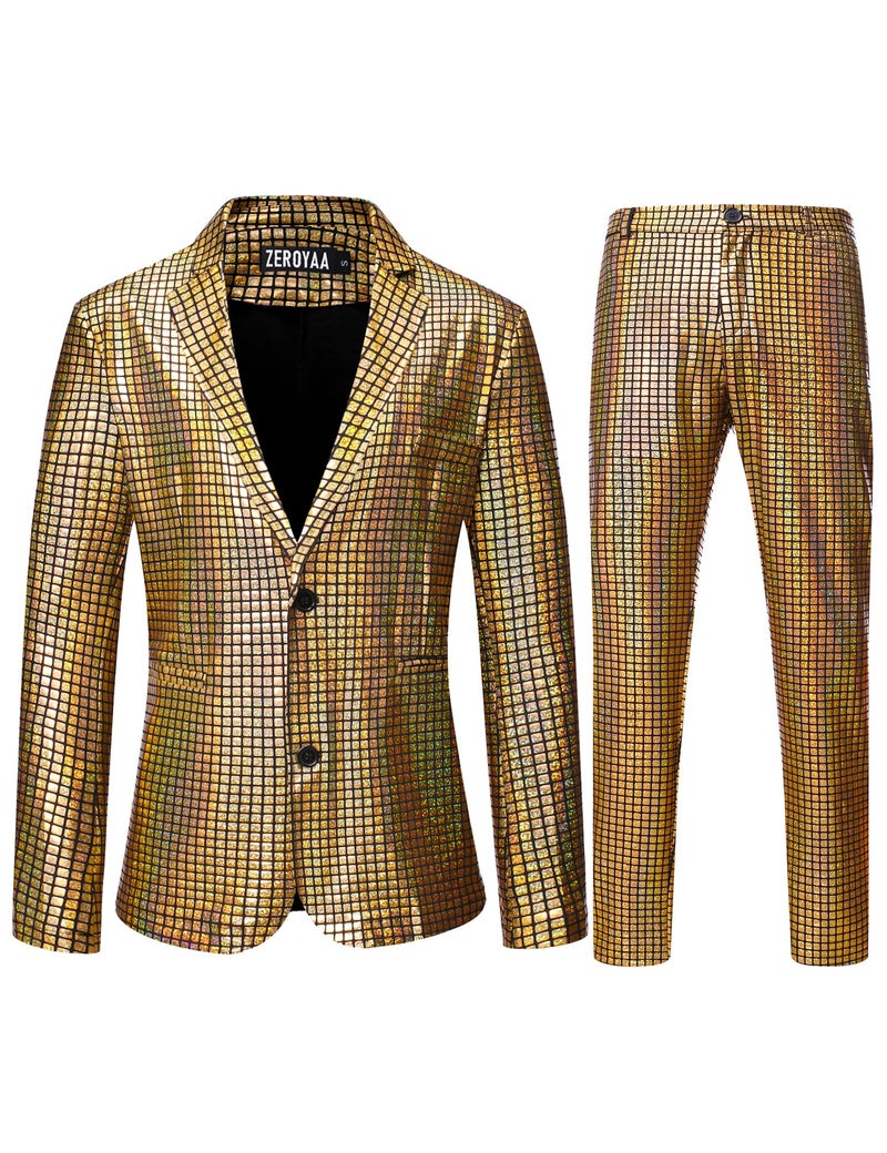 ZEROYAA Men's 70s Disco Suits Metallic Shiny Sequin Outfits Blazer and Pants Set Dance Party Costume Gold Large - Image 1