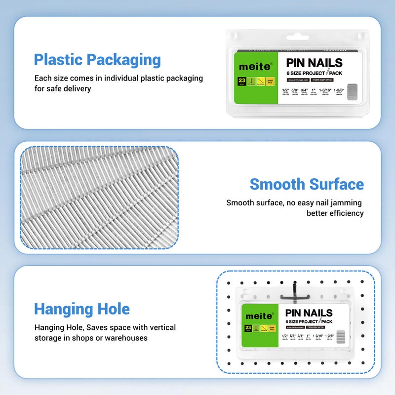 meite 23 Gauge Pin Nails, Assorted 6 Sizes (1/2", 5/8", 3/4", 1", 1-3/16", 1-3/8") Micro Headless Piner Nails - Galvanized 23GA Pins Nails for Nail Gun, Ideal for Trim Work (6,000 Counts) - Image 5