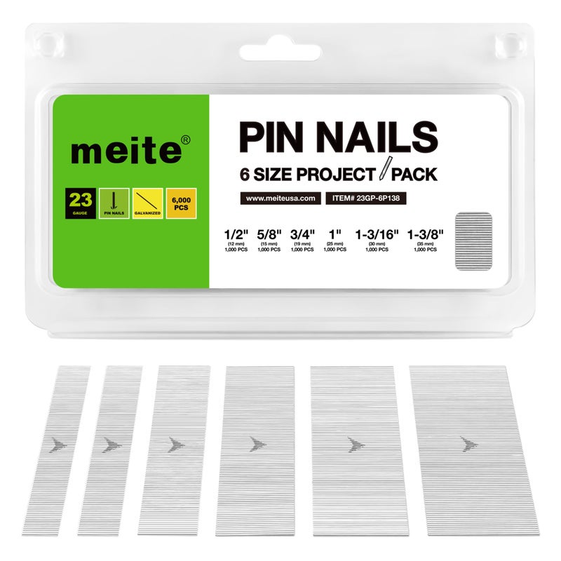 meite 23 Gauge Pin Nails, Assorted 6 Sizes (1/2", 5/8", 3/4", 1", 1-3/16", 1-3/8") Micro Headless Piner Nails - Galvanized 23GA Pins Nails for Nail Gun, Ideal for Trim Work (6,000 Counts) - Image 1
