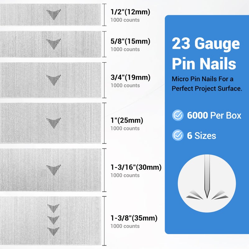 meite 23 Gauge Pin Nails, Assorted 6 Sizes (1/2", 5/8", 3/4", 1", 1-3/16", 1-3/8") Micro Headless Piner Nails - Galvanized 23GA Pins Nails for Nail Gun, Ideal for Trim Work (6,000 Counts) - Image 2