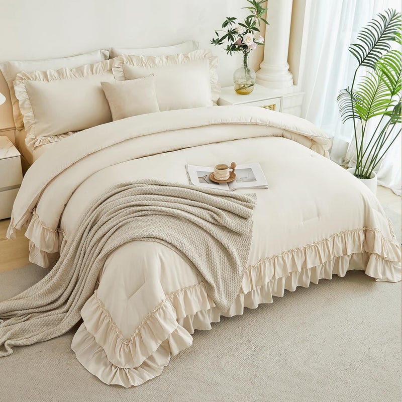ANGIYUIN Beige Twin Size Comforter Set for Girls 5 Pieces Double-Layer Ruffle Bed in A Bag with Sheets Lightweight Farmhouse Bedding Set for All Season(Beige Twin) - Image 1