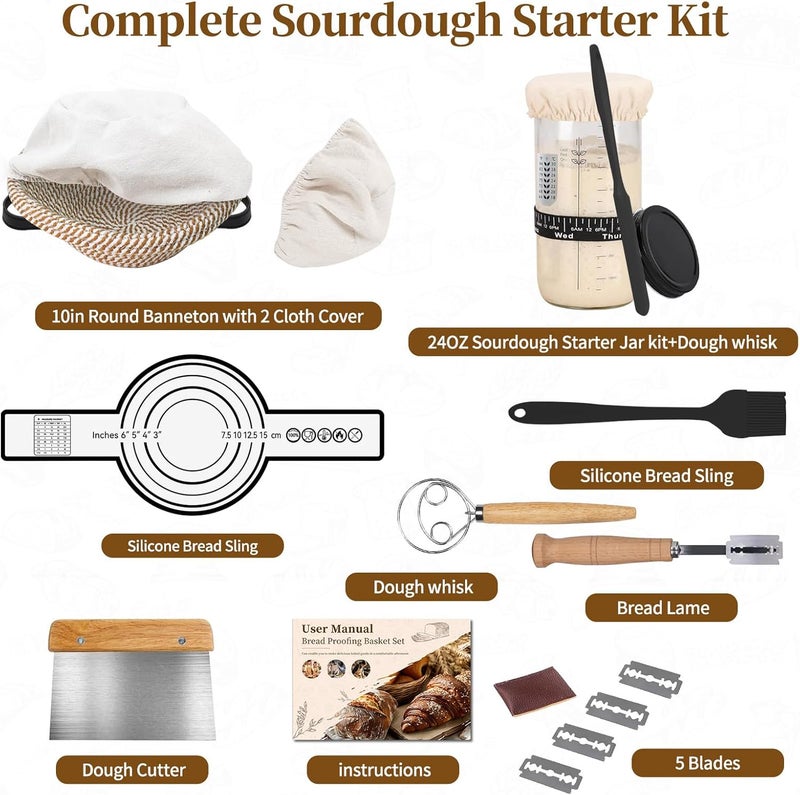 Saicefe Sourdough Starter Kit,Banneton Bread Proofing Basket 10Inch Round,Sourdough Bread Baking Supplies With Starter Jar,Bread Sling,Lame,Danish Dough Whisk Sourdough Kit Gifts (Khaki) - Image 2