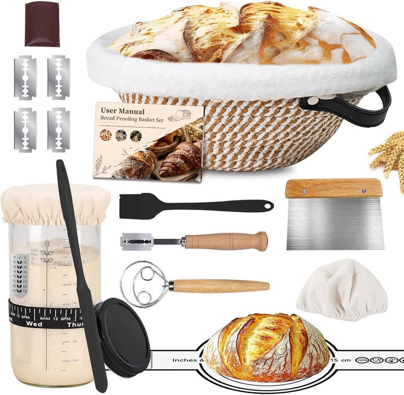 Saicefe Sourdough Starter Kit,Banneton Bread Proofing Basket 10Inch Round,Sourdough Bread Baking Supplies With Starter Jar,Bread Sling,Lame,Danish Dough Whisk Sourdough Kit Gifts (Khaki) - Image 1