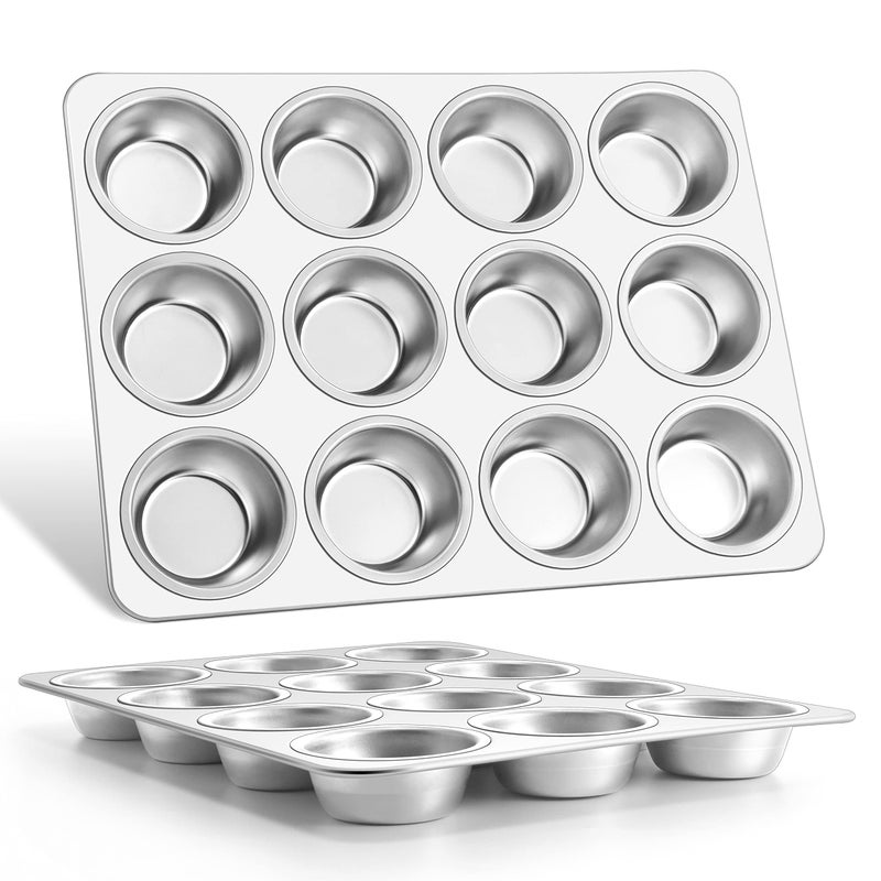 E-far Muffin Pan 12-Cup, Set of 2, Stainless Steel Cupcake Pan Metal Muffin Baking Tins for Oven, Regular Size & Easy Clean, Non-toxic & Dishwasher Safe-2 Pack - Image 1