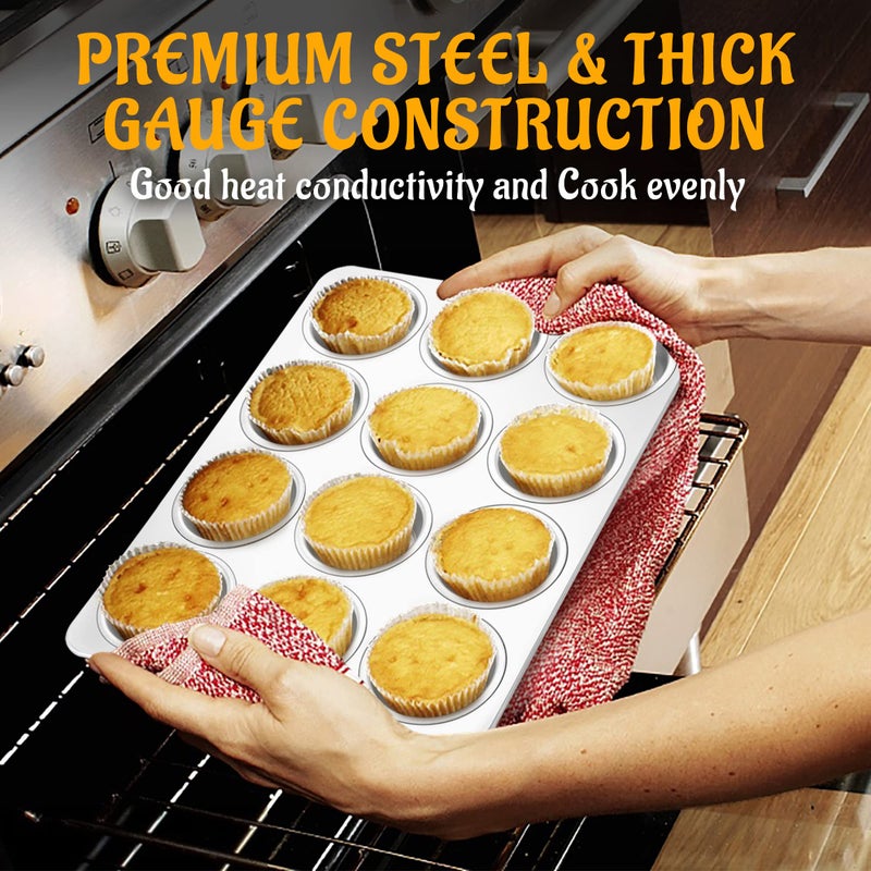 E-far Muffin Pan 12-Cup, Set of 2, Stainless Steel Cupcake Pan Metal Muffin Baking Tins for Oven, Regular Size & Easy Clean, Non-toxic & Dishwasher Safe-2 Pack - Image 2