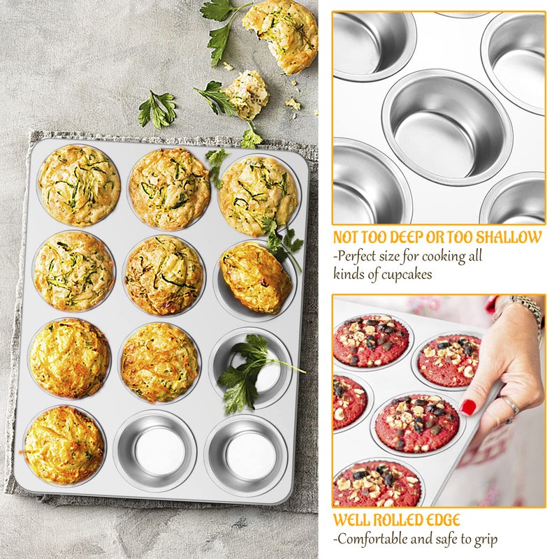 E-far Muffin Pan 12-Cup, Set of 2, Stainless Steel Cupcake Pan Metal Muffin Baking Tins for Oven, Regular Size & Easy Clean, Non-toxic & Dishwasher Safe-2 Pack - Image 5