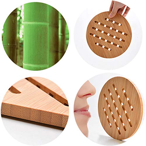 Garkup Bamboo Trivet Kitchen Bamboo Hot Pads Trivet Natural Bamboo Trivet Mat Set for Hot Dishes/Pot/Bowl/Teapot/Hot Pot Holders 2 Square 2 Roundness 1 Storage Rack - Image 4