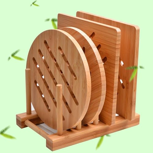 Garkup Bamboo Trivet Kitchen Bamboo Hot Pads Trivet Natural Bamboo Trivet Mat Set for Hot Dishes/Pot/Bowl/Teapot/Hot Pot Holders 2 Square 2 Roundness 1 Storage Rack - Image 1