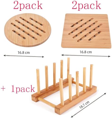 Garkup Bamboo Trivet Kitchen Bamboo Hot Pads Trivet Natural Bamboo Trivet Mat Set for Hot Dishes/Pot/Bowl/Teapot/Hot Pot Holders 2 Square 2 Roundness 1 Storage Rack - Image 5