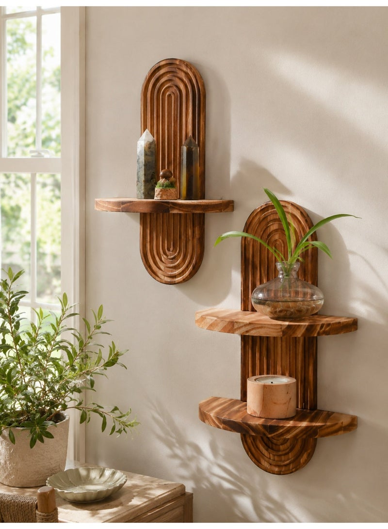 Ayana Casa Wooden Arch Wall Shelf – Double Tier Floating Shelf with Carved Rainbow Backboard for Living Room Bedroom Home Décor - Image 2