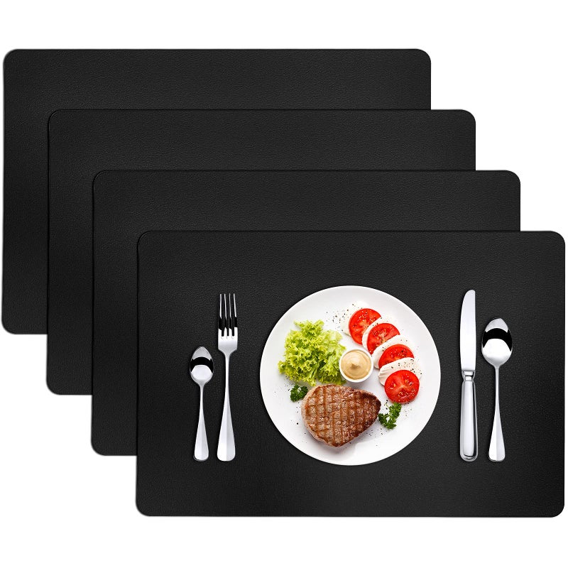 Black Faux Leather Placemats Waterproof Set of 4 Place Mats Heat Resistant Indoor Dining Table Mat Washable Easy to Clean Dark NonSlip Thick Kitchen Mat Protect Wooden Table Modern Black 4Pack