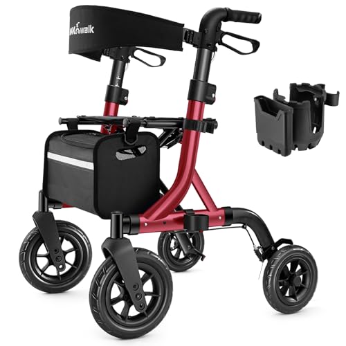 MAXWALK Walkers for Seniors Rollator Walker with Seat 10 Rubber Wheels All Terrain Rollator Walker with Backrest Aluminum Walkers Builtin Cable Foldable and Adjustable Height for Seniors Red - Image 2