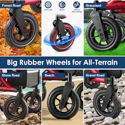 MAXWALK Walkers for Seniors Rollator Walker with Seat 10 Rubber Wheels All Terrain Rollator Walker with Backrest Aluminum Walkers Builtin Cable Foldable and Adjustable Height for Seniors Red - Image 5