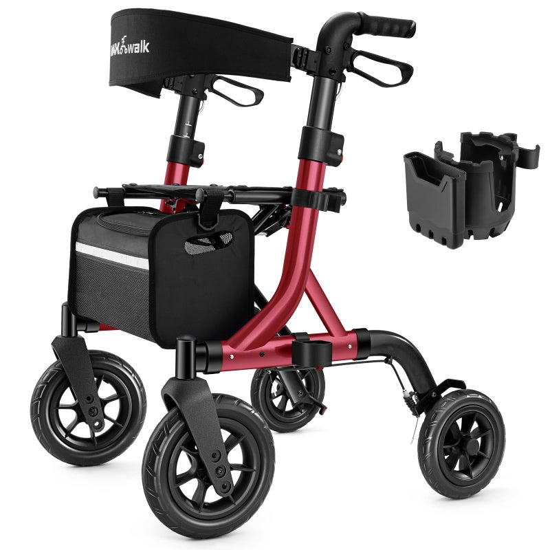 MAXWALK Walkers for Seniors Rollator Walker with Seat 10 Rubber Wheels All Terrain Rollator Walker with Backrest Aluminum Walkers Builtin Cable Foldable and Adjustable Height for Seniors Red - Image 3