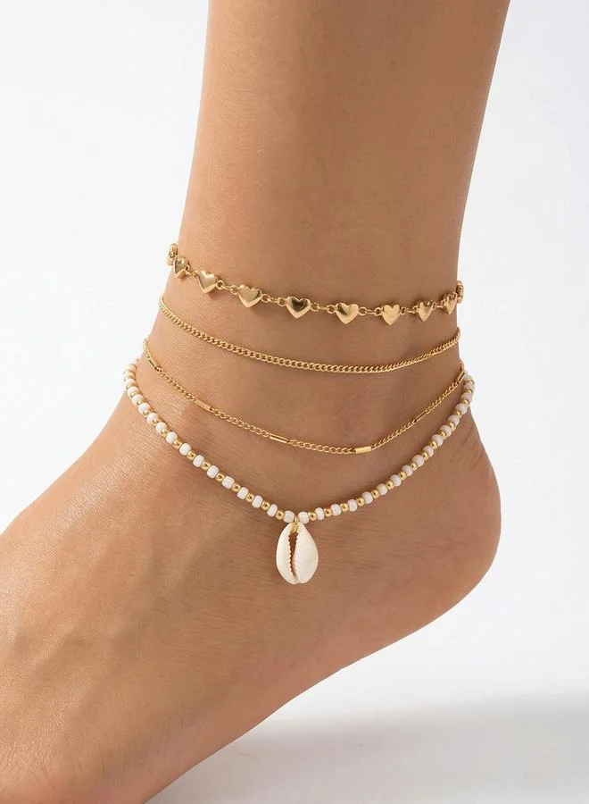 تايك تو Set of 4 - Bead and Shell Heart-Shaped Anklet