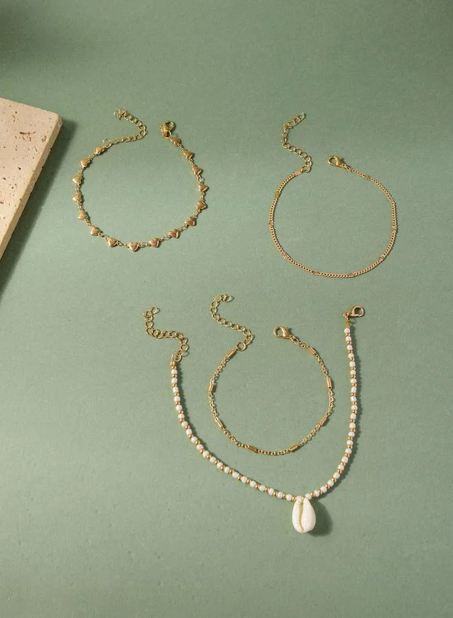 تايك تو Set of 4 - Bead and Shell Heart-Shaped Anklet