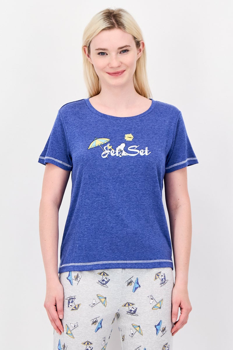 Peanuts Women 2Pcs Snoopy Print Pajama Top And Pants Set, Blue - Image 2